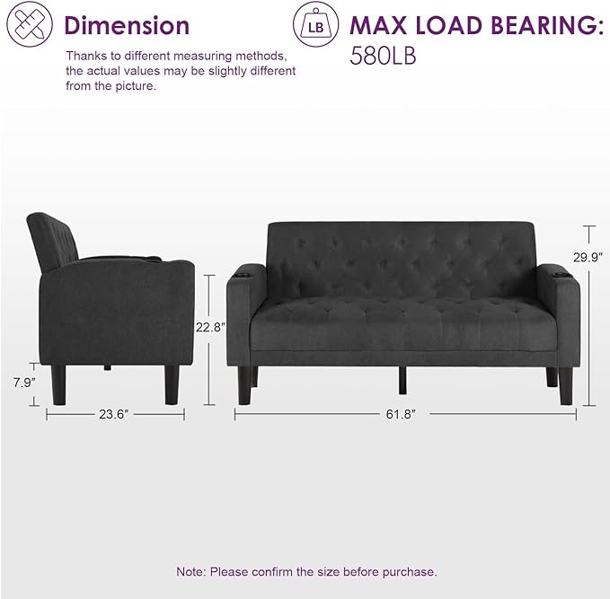 TYBOATLE Mid-Century Modern Tufted Loveseat Sofa Set w/ 2 USB &amp 2 Cupholders 3 Piece Living Room Furniture Sets Small Love Seat Couches for Small Space Apartment Bedroom Office(Dark Grey)