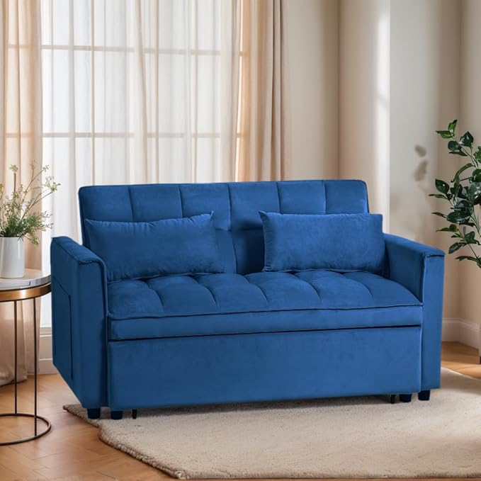 Modern Velvet Sofa Bed with 3-Level Adjustable Backrest &amp Included Pillows Pull Out Convertible Sleeper Chair with High Density Foam for Small Spaces (Blue)