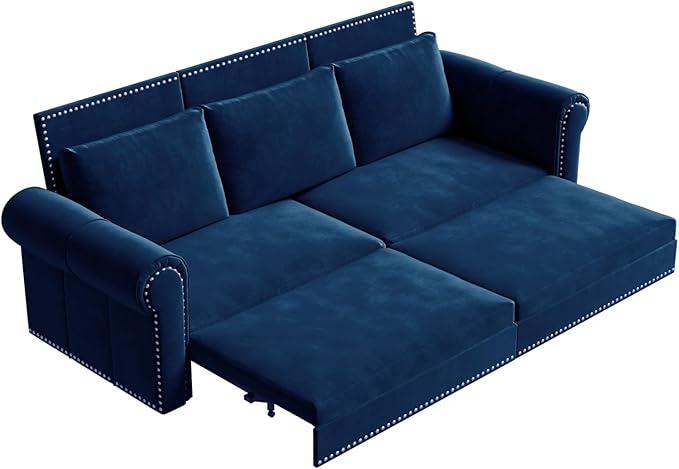93.7 King Size Chesterfield 3-seat Pull Out Sofa Bed Velvet Couch Bed with Nailhead Trim and Rolled Arm 3-in-1 Sleeper Sofa for Living Room Apartment Office Blue