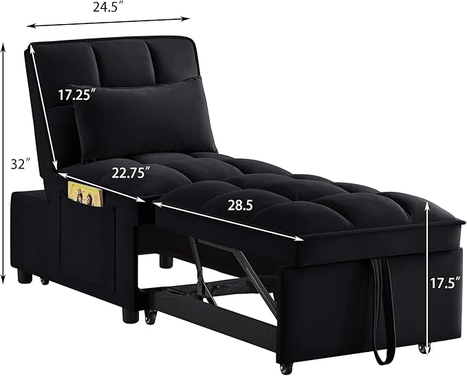 4 in1 Multi-Function Single Sofa Bed with Storage PocketsTufted Single Pull-Out Sofa Bed with Adjustable Backrest and PillowsConvertible Chaise Loungefor Small Room Apartment (Black)