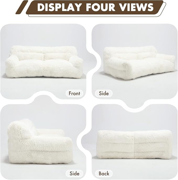 White Compressed Couch 70 2-Seater Fluffy Faux Fur Boneless Loveseat Sofa with Memory Foam for Living Rooms Bedrooms Apartments No Assembly Required | Plush faux fur Memory foam comfort Zero as