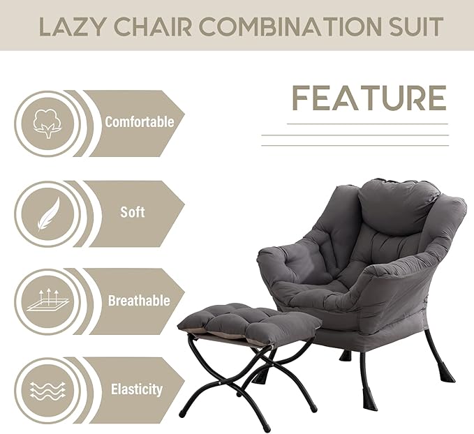 LITA Lazy Chair with Ottoman Modern Accent Leisure Upholstered Lazy Sofa Armchair Contemporary Lounge Reading Chair with Armrests and a Side Pocket for Living Room Bedroom &amp Small Space Dark G
