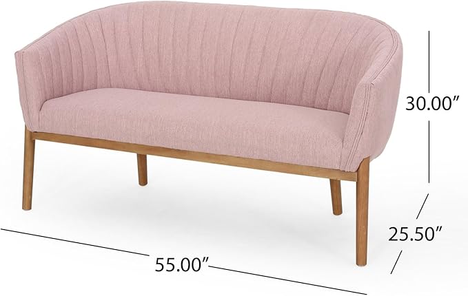 Blush Fabric Loveseat Sofa - Mid Century Modern Channel Stitched Backrest with Brown Rubberwood Legs for Living Room Bedroom or Foyer