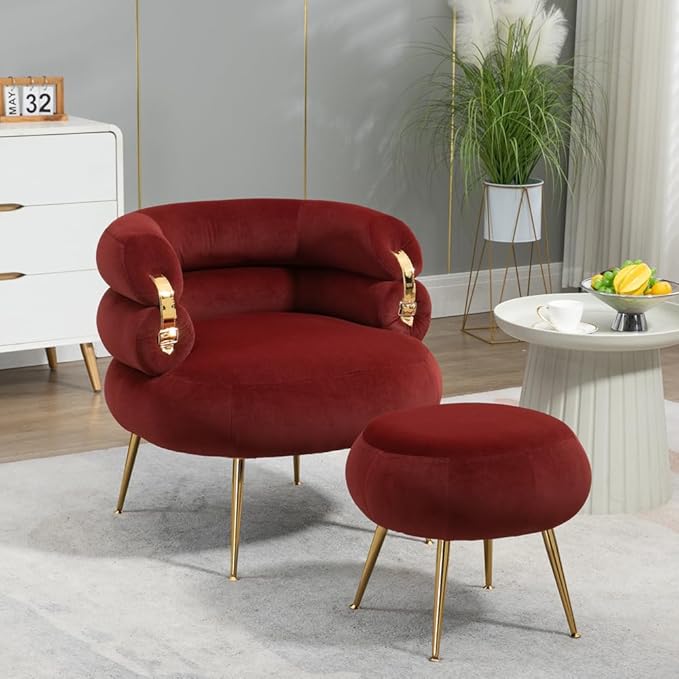 Single Sofa Chair Velvet Accent Chair with Ottoman Round Sofa Chair Modern Barrel Chair with Gold Buckle and Leg for Living Room Bedroom Waiting Room Small Spaces (Red)