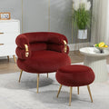 Single Sofa Chair Velvet Accent Chair with Ottoman Round Sofa Chair Modern Barrel Chair with Gold Buckle and Leg for Living Room Bedroom Waiting Room Small Spaces (Red)