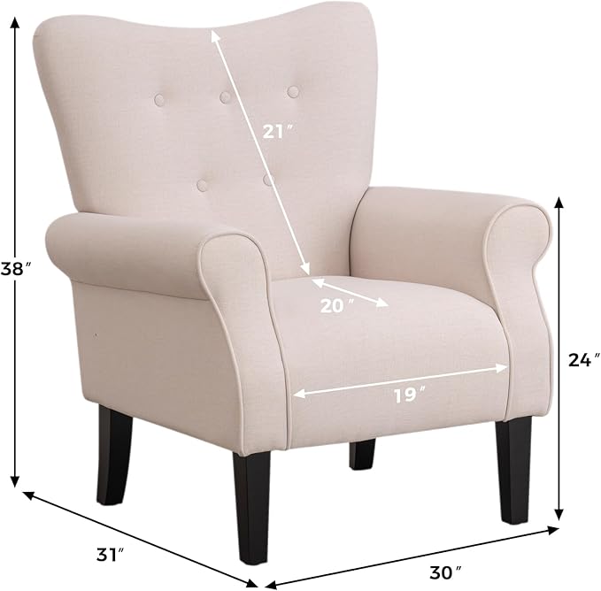 MELLCOM Mid Century Wingback Arm ChairModern Upholstered Fabric High Back Accent Chair with Wood LegsUpholstered Single Sofa Club Chair for Living Room Bedroom Home Office Beige