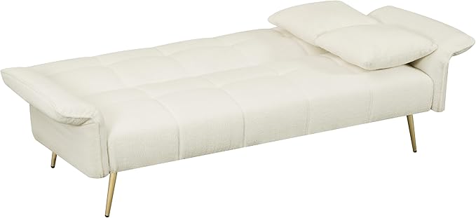 Convertible Sofa Bed Futon Couch Bed with Adjustable Arms and Backrest Modern Love Sofa with Gold Metal Legs for Living Room Bedroom (Teddy Fabric in Beige 70.1 Wx31.1 Dx31.5 H)