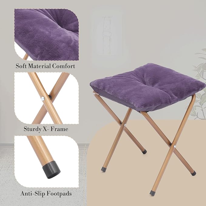 Athena Collection Round Saucer Chair with Ottoman Set for Adults Oversize Comfy Cozy Faux Fur Folding Reading Chair with Metal Leg Lazy Relaxing for Living Room Bedroom Dorm Apartment Purple