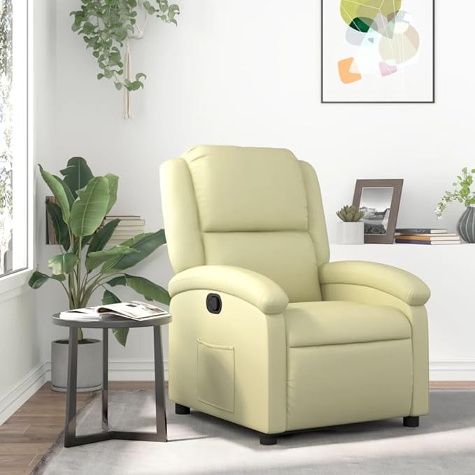 vidaXL Recliner Chair - Cream Real Leather Lounger - Manual Reclining with Solid Wood &amp Metal Frame Padded Armrests Side Pocket 242.5 lb Load Capacity - Living Room/Office