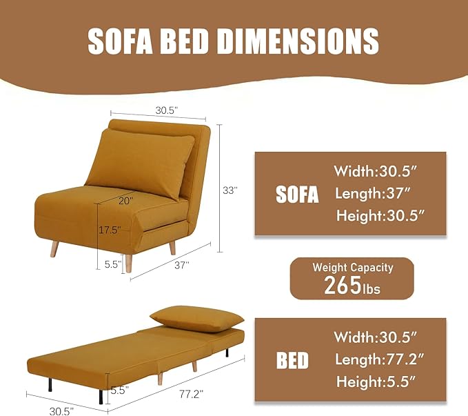 3 in 1 Sleeper Chair Bed Foldable Convertible Chair with Thickened Cushion and Sponge OTE Chenille Fabric Adjustable Backrest Upholstered Accent Sofa for Apartment/Bedroom/Office - Orange Brown