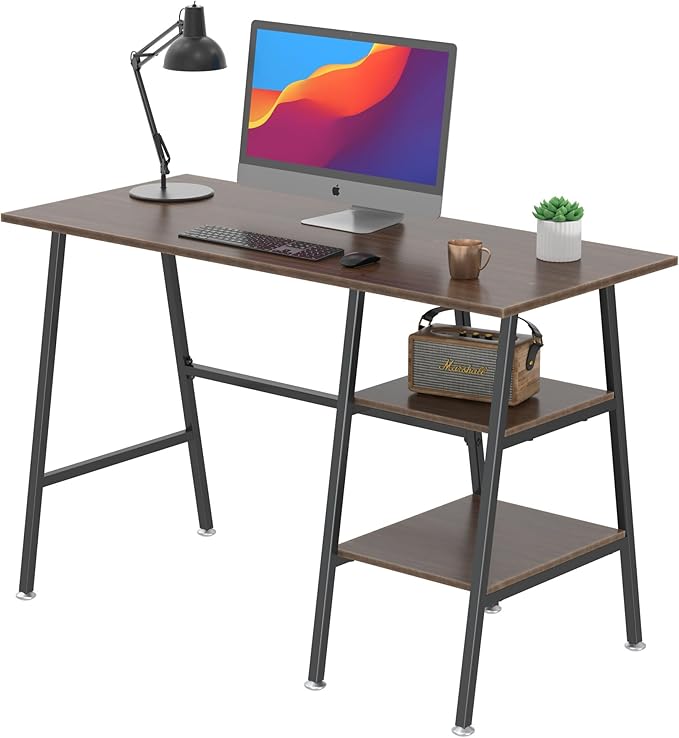 VECELO 43 Inch Computer Desk Writing Study Work Office Table Modern Desk with Shelves Wooden Desk for Home BedroomBrown Desk
