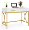 LITTLE TREE 41 Computer Desk with Two Drawers Modern Study Writing Desk with Storage White Makeup Vanity Table Office Desk with Gold Metal Frame for Home Office