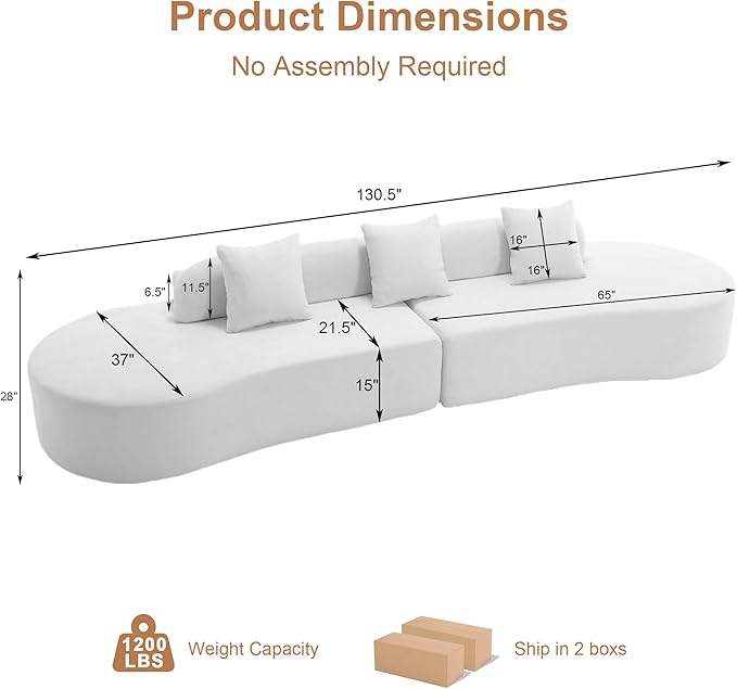 130.5” Oversized Curved Sectional Sofa Modern Cloud Curved Couch Boneless Compression Sofa with 3 Pillows for Living Room Apartment Office No Assembly Required Terrycloth Fabric Brown
