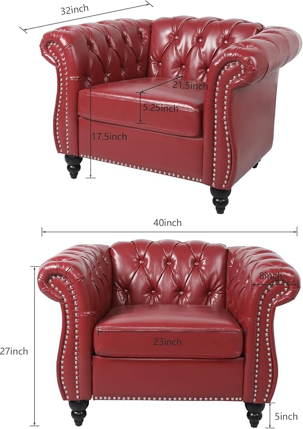 AVZEAR Leather Upholstered Armchair Single Sofa Chair with Rolled Arms and Nailhead Mid-Century Modern Tufted PU Chesterfield Chair for Living Room Bedroom Office Apartment Claret