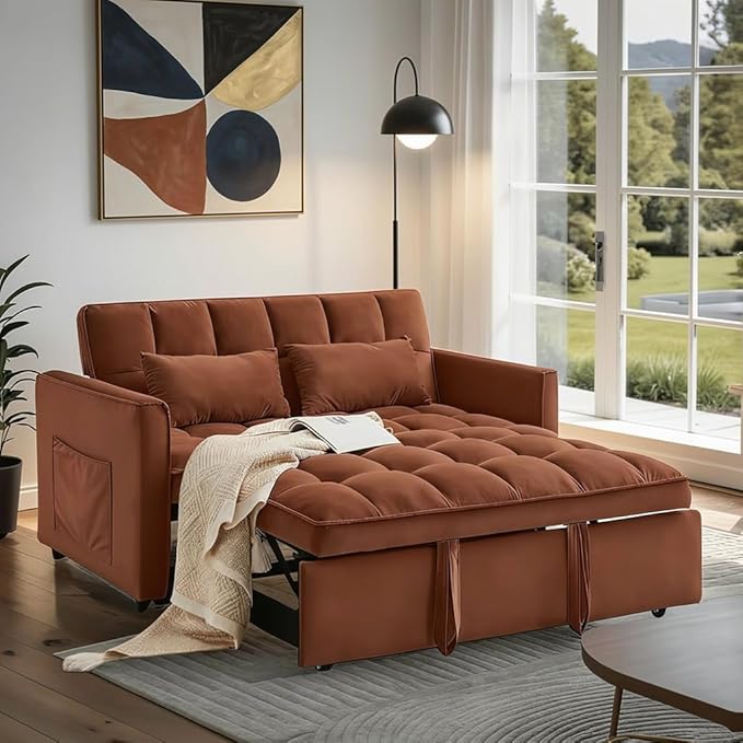 Pull Out Couch Velvet Fabric Loveseat Sleeper Couch 3 in 1 Corduroy Futon Sofa Bed with Side Pockets Sleeper Sofa Bed with Adjustable Backrest for Living Room Camel