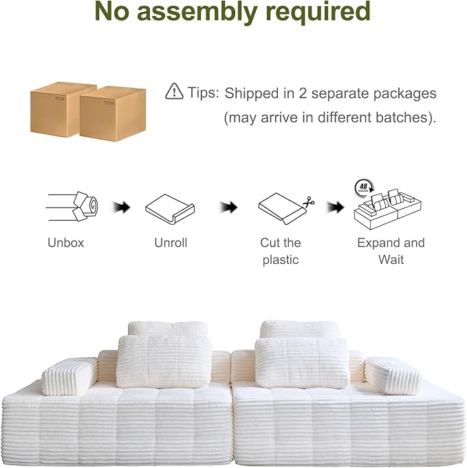 113 Modular Straight-Row Boneless Couch Memory Foam Floor Cloud Sofa with 2 Movable Armrests Plush Corduroy Sectional with Oversized Chaise for Living Room Apartment Lounge Beige