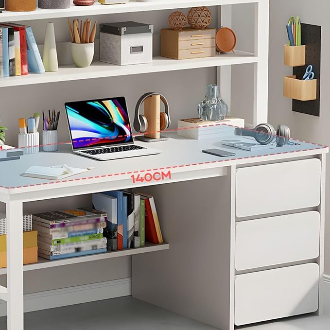 CraftThink Writing Desk Chair Set Rectangular Study Table with 3-Drawer and Storage Shelves Wheeled Chairs Computer Desk Table for Home Office (Wood Color Desk &amp Chair 55 L x 19 W x 56.5 H)