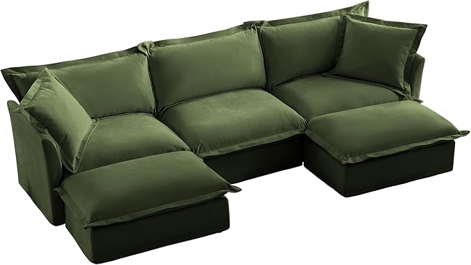 120 Inch 3-Seater Oversized Sectional Sofa with 2 Ottomans - Wide Deep Seat Removable Washable Chenille Fabric for Living RoomGreen