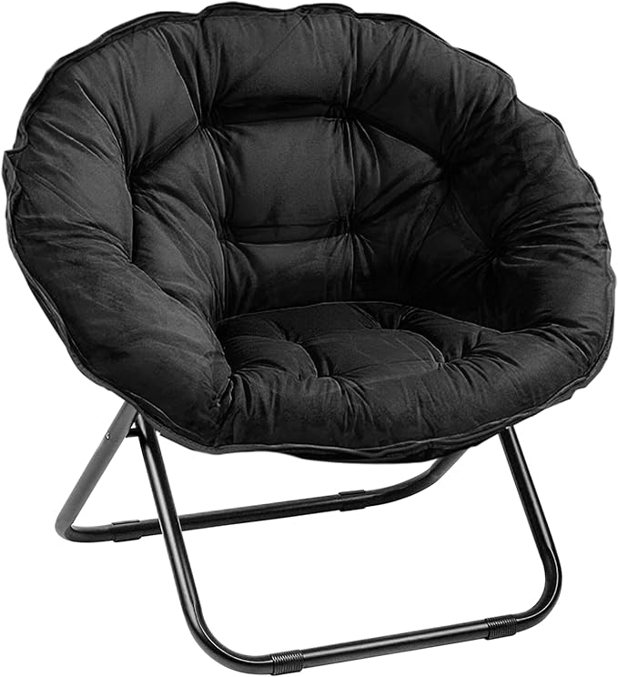Grezone Folding Saucer Chair Oversized Lazy Moon Chair with Metal Frame Comfy Bedroom Chairs for Bedroom Living Room Study Black JC