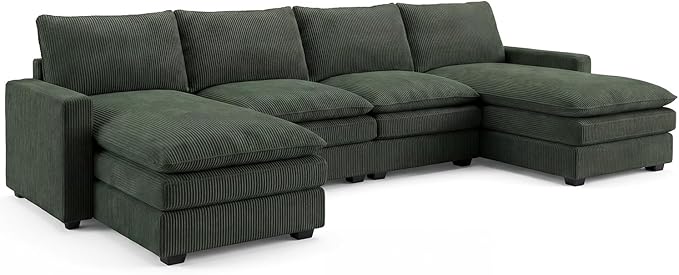 HONBAY 127.2 Inch Corduroy Cloud Modular Sectional Sofa with Chaise Deep Seat U-Shaped Couch with Storage for Living Room Apartment Small SpaceGreen