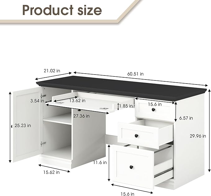 60.5 Executive Office Desk Classic Computer Desk with File Drawer Keyboard Tray Cabinet Storage Farmhouse Wood Writing Desk for Home Office or Study White with Black Desktop