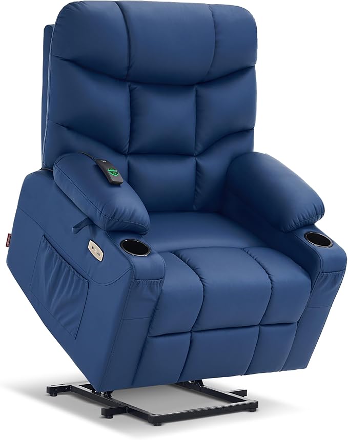 MCombo Power Lift Recliner Chair with Extended Footrest for Elderly People Faux Leather 7287 (Navy Blue Medium)