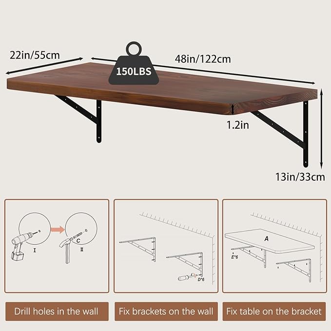 Floating Wall Desk for Home OfficeWall Mounted Table with Pine Wood48 Inch Workbench for GarageWork Table with Heavy Duty Brackets for KitchenDiningLaundry