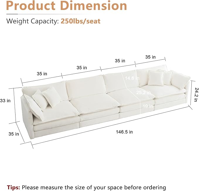 mikibama Luxury Modular Sectional Sofa 146.5 Modern Chenille Comfy Cloud Couches for Living Room Office 4 Seater Deep Sofa with 2 Armrest Pillows and 4 Toss Pillows Beige