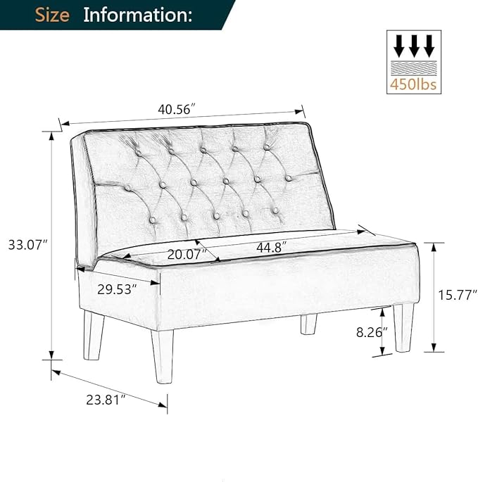 Alunaune Upholstered Blue Loveseat Bench Couch for Bedroom Modern Cushioned Armless Settee Small Love Seat Sofa Faux Leather Living Room Couch