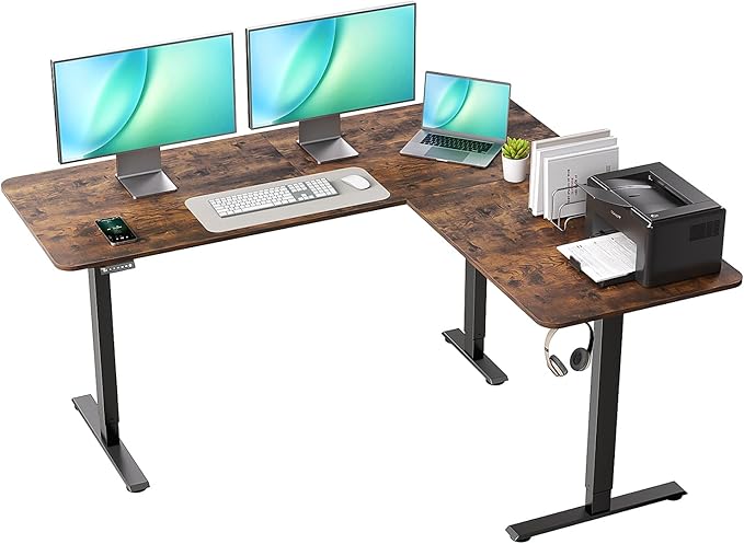 Electric L Shaped Standing Desk Adjustable Height 63 x 55 Inch Corner Standing DeskSit Stand Up DeskHome Office DeskLarge Long Work Gaming (Spliced Desktop Rustic Brown)