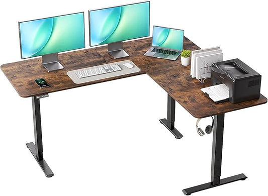 Electric L Shaped Standing Desk Adjustable Height 63 x 55 Inch Corner Standing DeskSit Stand Up DeskHome Office DeskLarge Long Work Gaming (Spliced Desktop Rustic Brown)