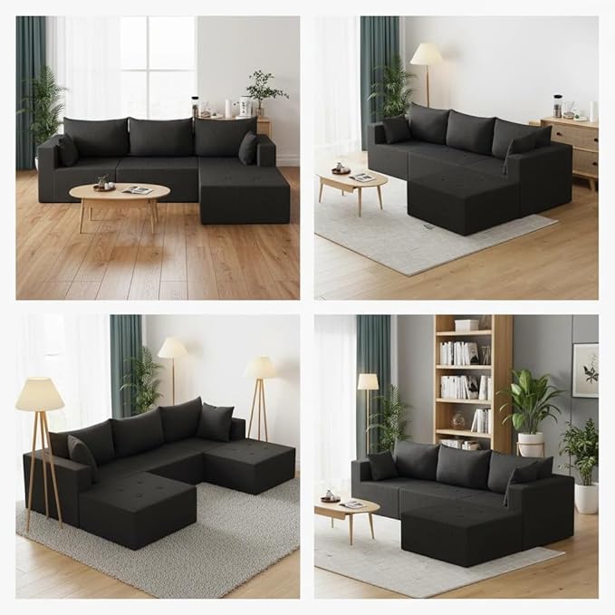 Cloud Modular Sectional Sofa L-Shape Boneless Couch Modern Corduroy Sofa with Chaise Lounge No-Assembly Required Deep Seat Modular Cloud Couch for Living Room Apartment Black