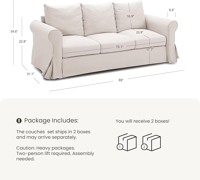 89 3-Seater Couch for Living Room Slipcovered Sofa Beige Couches with Washable Cover Supportive Cushions &amp Sturdy Frame for Small Spaces Apartment Office Easy Assembly