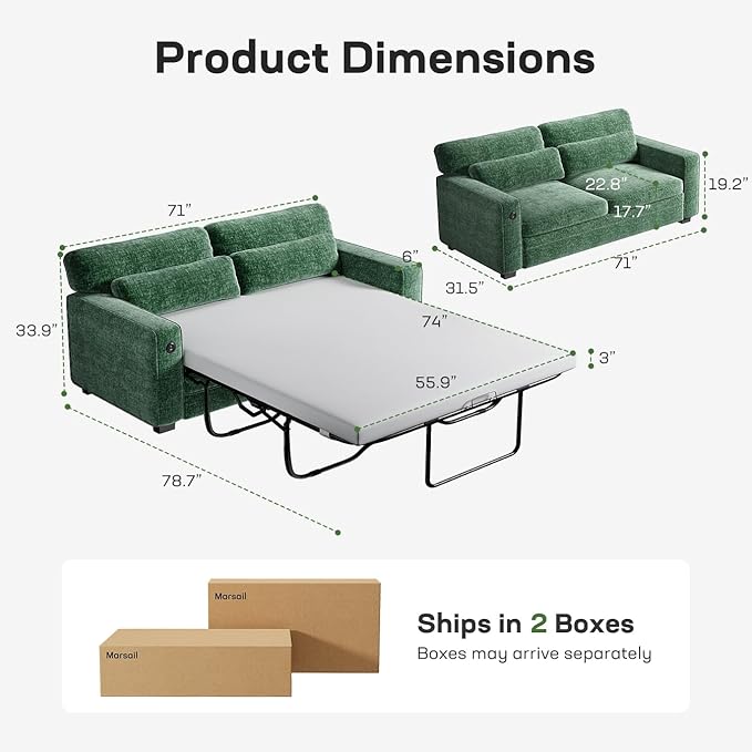 Marsail Pull Out Sofa Bed Queen Size Sleeper Sofa with Memory Foam Mattress 2-in-1 Convertible Chenille Couch Bed with 2 USB Charging and Removable Covers Loveseat for Living Room Apartment Green
