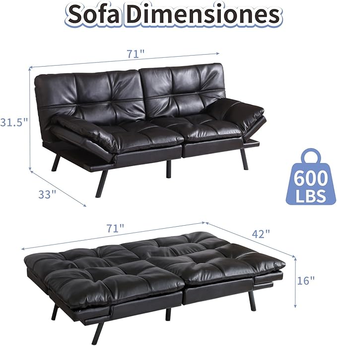 MUUEGM Black Futon Sofa Bed Leather Memory Foam Modern Office Couch Sleeper Bed Convertible Love seat Sofa for Small SpacesApartmentOffice with Adjustable Armrest Backrest