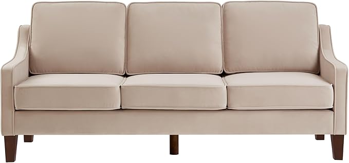 Velvet Upholstered 3 Seater Sofa Couch with Wooden Legs and Removable Cushions for LivingroomApartmentOfficeTaupe