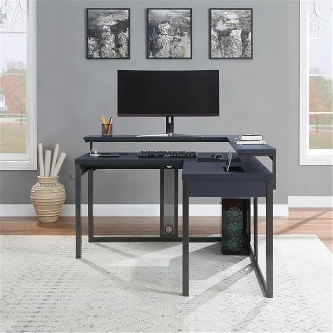 Pemberly Row L-Shape Gaming Desk 54x54x36 in Black Steel Metal Chevron PVC Finish RGB LED Lights Dual Monitor Shelves USB Charging Hub Headphone Hook Home Office or Gaming Desk