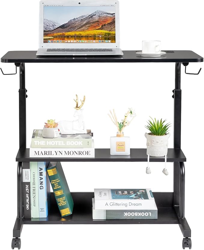 Wooden Adjustable Height Portable Laptop DeskMobile Rolling Computer DeskSofa Bedside Laptop TableHome Office Laptop Workstationwith Power Outletsfor Small Spaces Bedroom Apartment (Black)