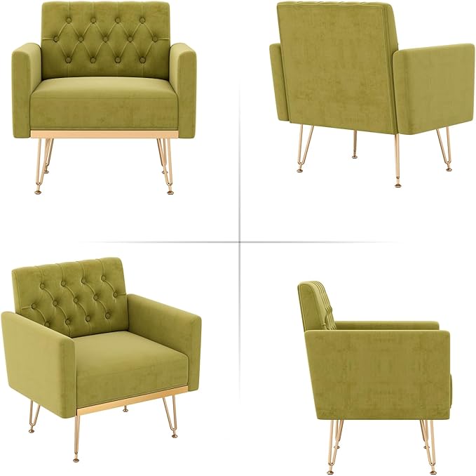 Olela Velvet Accent Chair with Arm for Living RoomModern Armchair Single Sofa Cozy Tufted Upholstered Reading Side Chairs with Gold Metal Leg for Bedroom Decorate(1 Sage Green)