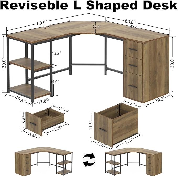LVB Rustic L Shape Computer Desk with File Cabinet Reversible Corner L-Shaped Desk with Drawers Storage Shelf Modern Large Wood L Shaped Work Study Writing Gaming Desk Table for Home Office 60 in