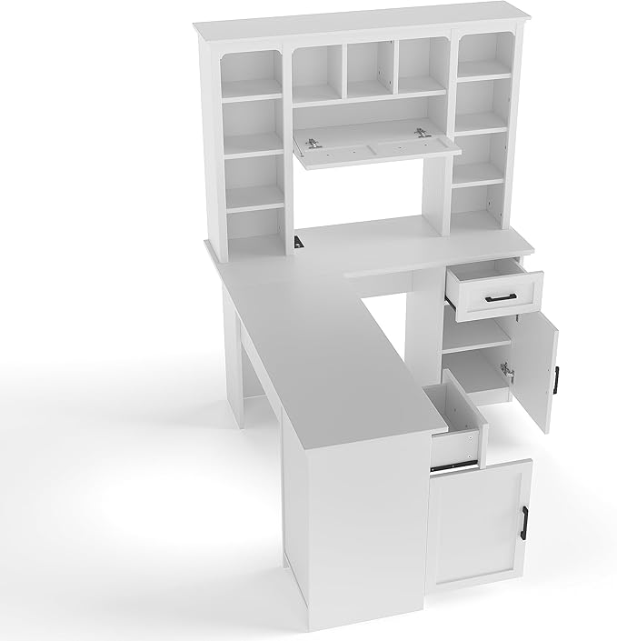 L Shaped Desk with Hutch Corner Computer Desk with Storage Shelf &amp Cabinet Laptop Pc Table Gaming Desk Workstation Modern Executive Study Writing Desk for Home Office Bedroom (White)