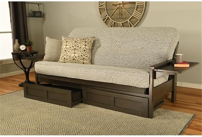 Kodiak Furniture Alamosa Full Size Futon Frame with Storage Drawers - Wood Sofa Sleeper Frame with Mattress Included in Canton Gray Color
