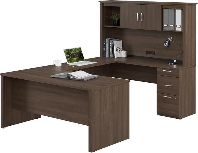 Bestar Logan 66W U or L-Shaped Executive Office Desk with Pedestal and Hutch in Antigua