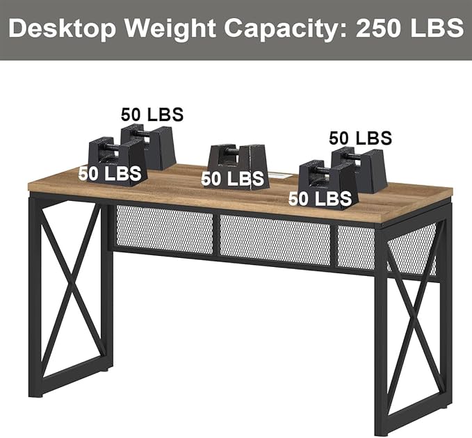 BON AUGURE Farmhouse Computer Desk Modern Industrial Home Office Desks Wood Metal Study Writing Table Sturdy Gaming Desk (Vintage Oak 54 Inch)