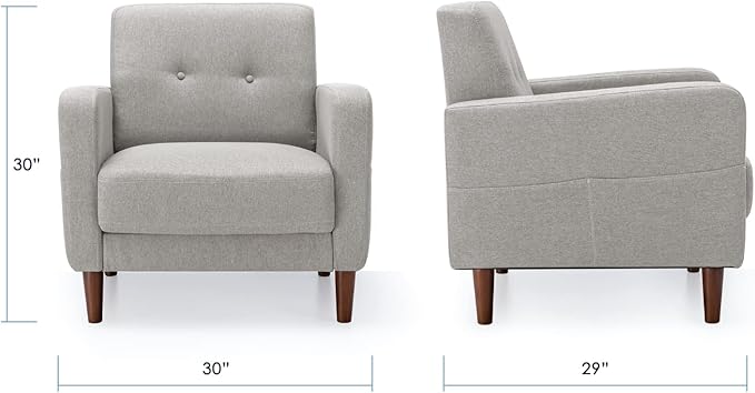 Mellow ADAIR Mid-Century Modern Armchair with Armrest Pockets Tufted Linen Fabric Light Grey