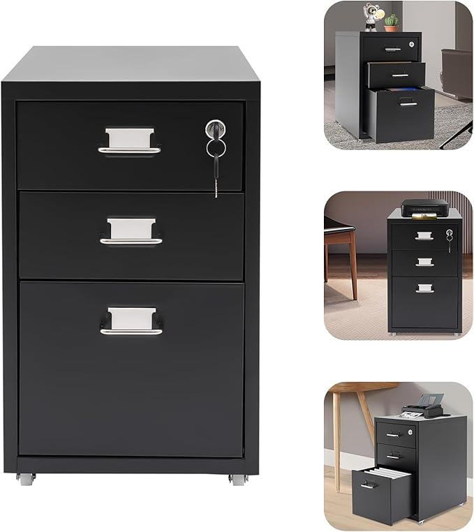 File Cabinet 3 Drawer Mobile Metal Storage Cabinets with Lock and Wheels Vertical Filing Cabinet Under Desk Document Classification Organizer for Office Home Study Dresser (Black)