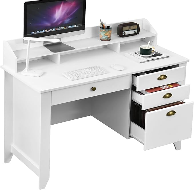 Catrimown Computer Desk with Drawers and Hutch 47 Inch Home Office Desk with File Drawers Student Girls Desks Teens Writing Table with Hutch Small Desk with Drawer for Bedroom White