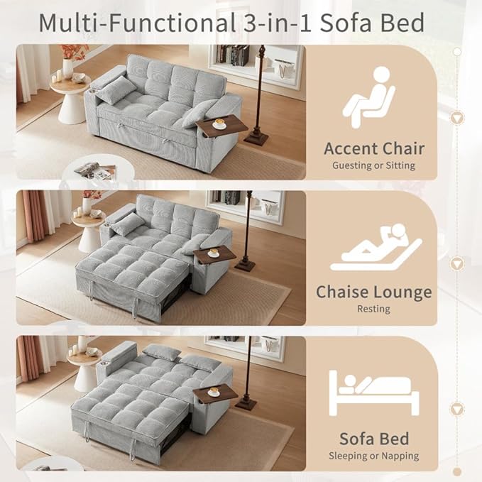 65'' Convertible Sleeper Sofa Bed with Adjustable Backrest Chaise Lounge Side Table &amp USB/Type-C Ports – Stylish &amp Functional Addition to Any Living Room (Fashion Light Grey)