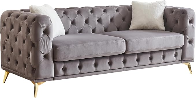 82.5'' Velvet Chesterfield Sofa Button Tufted Upholstered Sofa Couches with 2 Pillows Golden Metal Feets Removable Thick Cushions Comfy Chesterfield Couches for Living Room Apartment Grey