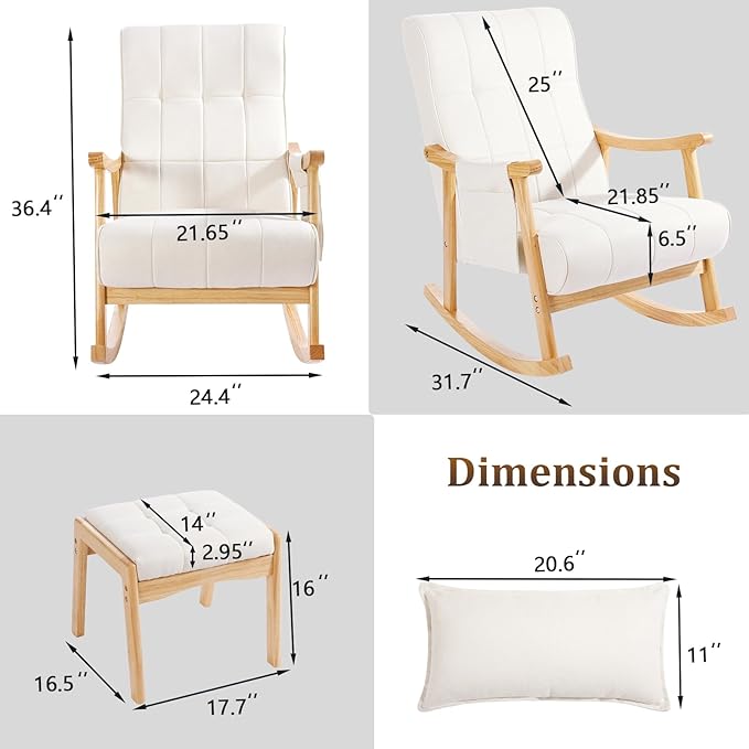 NOBLEMOOD Upholstered Rocking Chair with Ottoman Modern Indoor Nursery Glider Rocker Chair Solid Wood High Back Armchair with Fabric Padded Seat for Living Room Bedroom